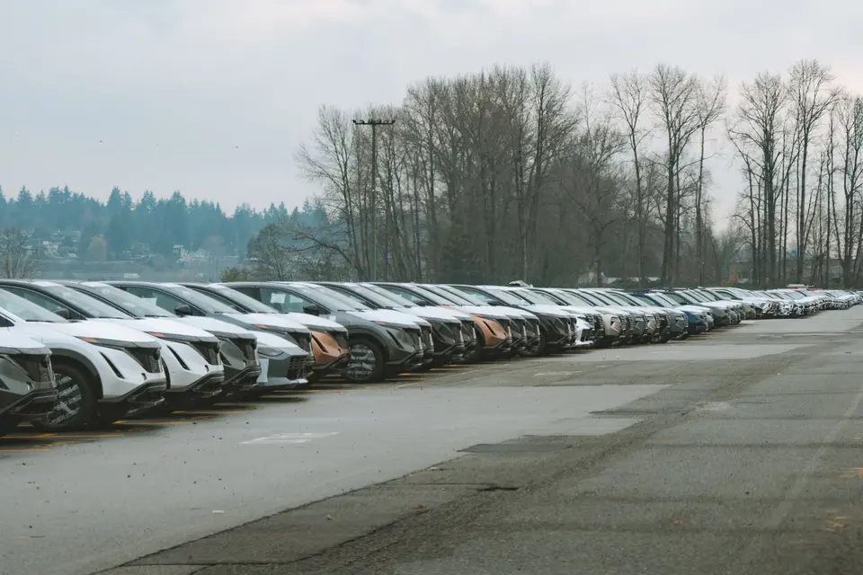 A long row of new cars parked in an outdoor storage area on an overcast day.