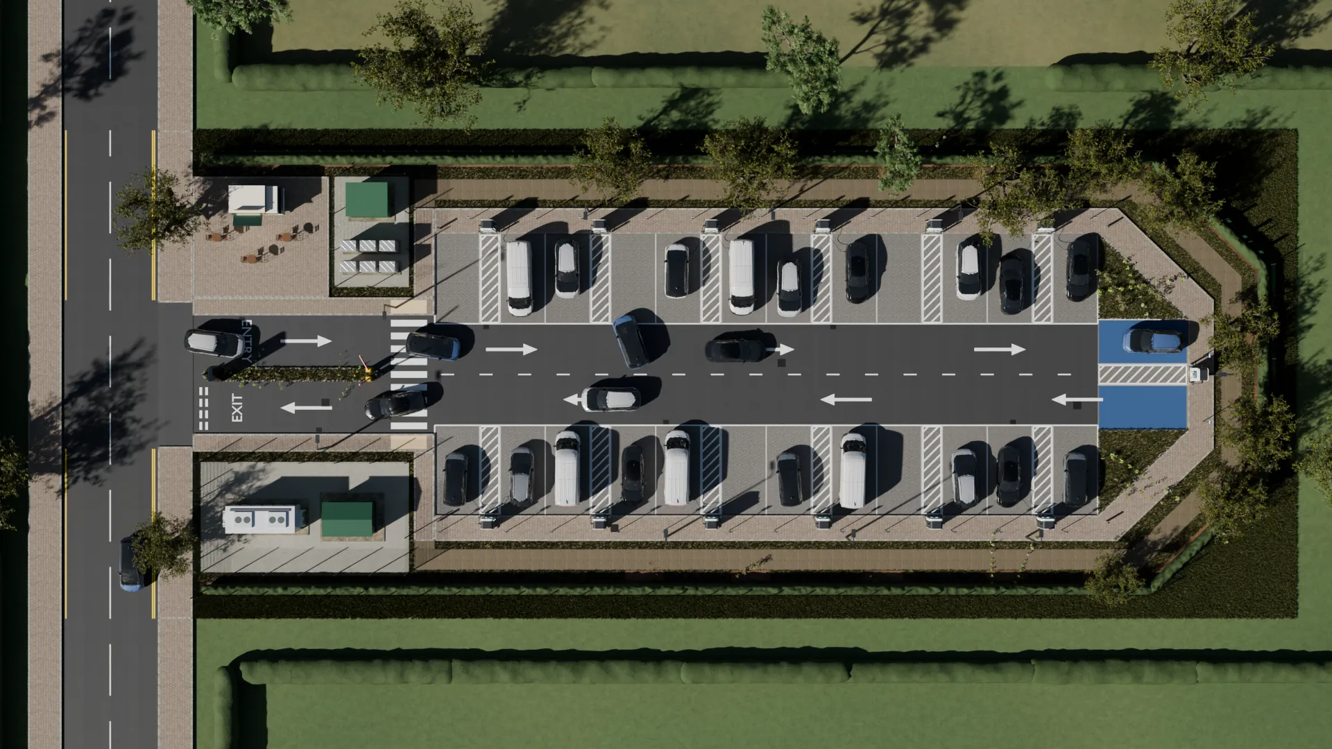 An overhead view of a model of a typical Onward site: two rows of ultra-rapid charging bays either side of a central aisle, with cars pulling in, plugging in to charge and leaving.