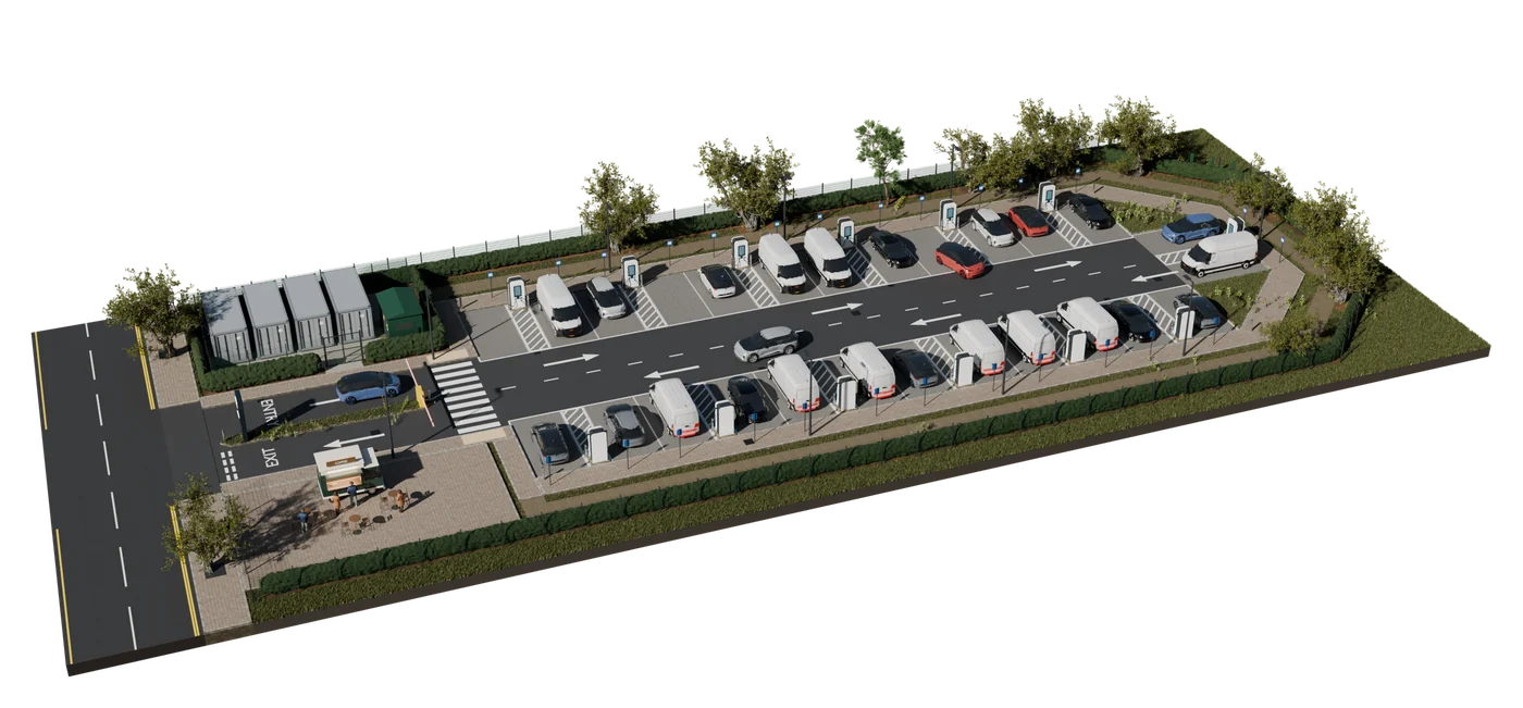 A model of a typical Onward site from above: an entrance split into entry and exit lanes between a hedged power compound and a coffee van, then a two-way aisle with charging bays either side, a charger at the back of each hatched buffer strip, and a footpath, hedge and fence round the edge.